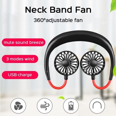 Picture of USB Rechargeable Wearable Portable Hand Free Neckband Fan Personal Mini Neck Double Fans 3 Speed Adjustable for Ourdoor - Black