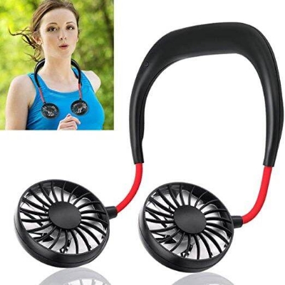 Picture of USB Rechargeable Wearable Portable Hand Free Neckband Fan Personal Mini Neck Double Fans 3 Speed Adjustable for Ourdoor - Black