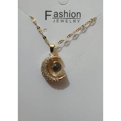 Picture of I Love You in 100 Languages Rhinestone Inlaid Hollow Heart Projection Necklace - Gold