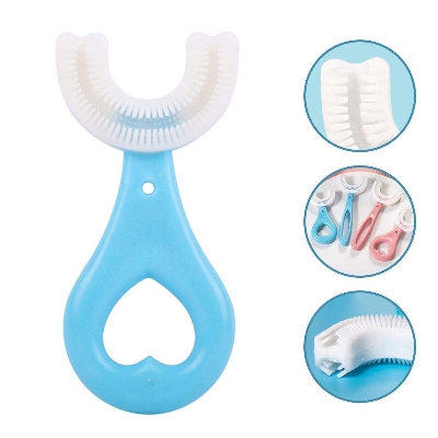 Picture of New Children Toothbrush U-Shape Baby Toothbrush With Handle Silicone Oral Care Cleaning Brush For Kids Supplies - Blue