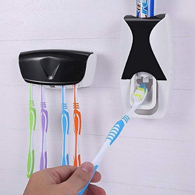 Picture of Automatic Toothpaste Squeezing Dispenser Device + Brush Holder Set - Multicolor
