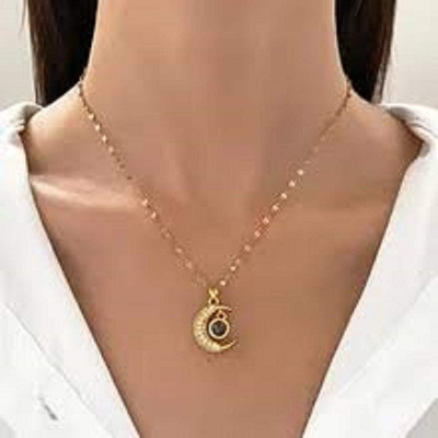 Picture of I Love You in 100 Languages Moon Projection Necklace For Girl - Gold