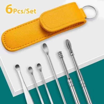 Picture of 6PCS Ear Pick Set Portable Ear Cleaner Set Stainless Steel Earpick Ear Wax Curette Remover Ear Cleaner Spoon Curette Spiral Ear Clean Tool with Case - Multicolor