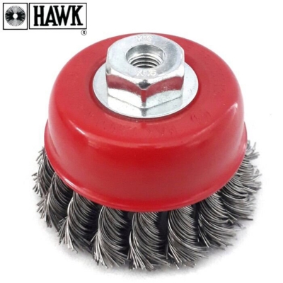 Picture of CUP BRUSH 3" HAWK HEAVY DUTY BRASS COATED WIRE FOR METAL WELDING SURFACE, REMOVAL-Red