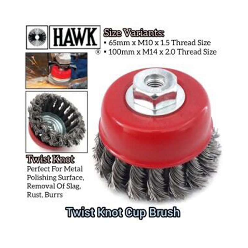 Picture of CUP BRUSH 3" HAWK HEAVY DUTY BRASS COATED WIRE FOR METAL WELDING SURFACE, REMOVAL-Red