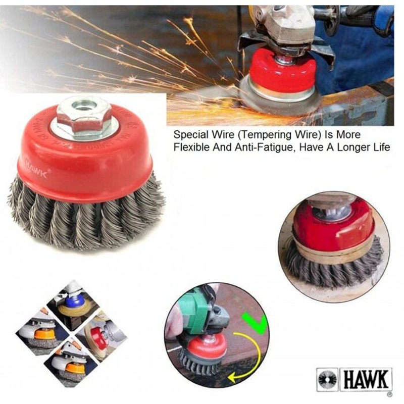 Picture of CUP BRUSH 3" HAWK HEAVY DUTY BRASS COATED WIRE FOR METAL WELDING SURFACE, REMOVAL-Red