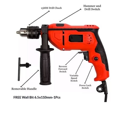 Picture of Impact drill machine 13mm reversible hammer variable speed - simple to use-Red