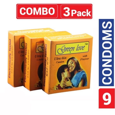 Picture of Green Love Ultra Thin Condom With Flavor - Combo Pack - 3 Pack - 3X3=9Pcs Condom-Transparent