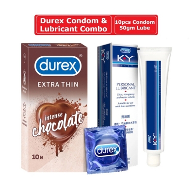 Picture of Durex Condom & Lubricant Combo - Durex Extra Thin Intense Chocolate Condom 10 Pcs & Durex Ky Jelly Personal Lubricant 50Gm-Transparent