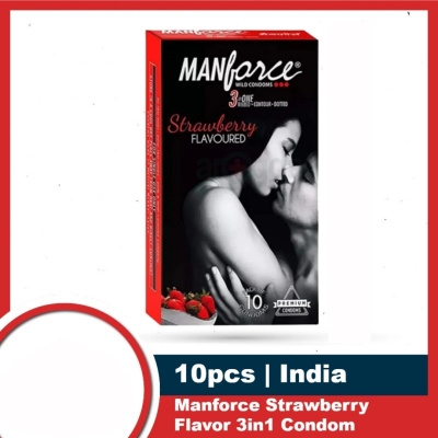 Picture of Manforce Wild Strawberry Flavor Condoms 10 Pcs Pack 3 In 1 Dotted, Ribbed, Contoured Condoms (Made In India)-Neutral