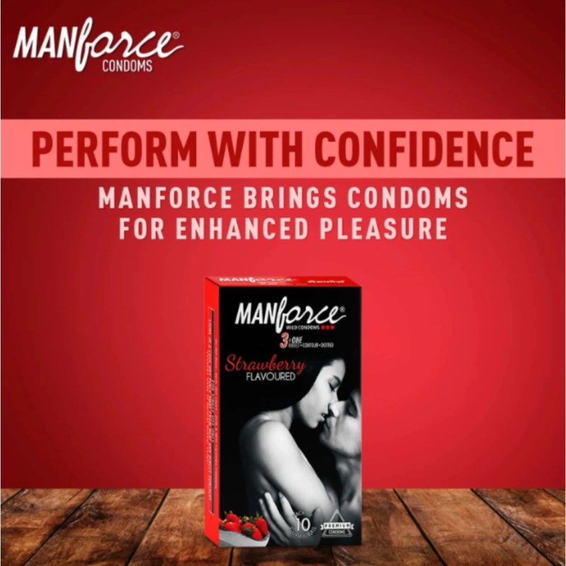 Picture of Manforce Wild Strawberry Flavor Condoms 10 Pcs Pack 3 In 1 Dotted, Ribbed, Contoured Condoms (Made In India)-Neutral