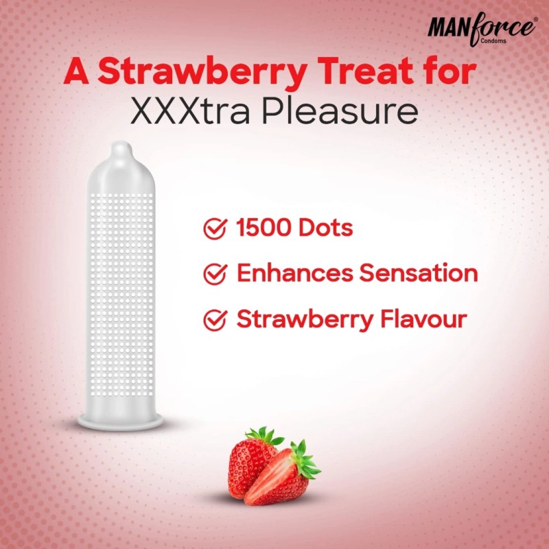 Picture of Manforce Xotic Condom 1500 Dots Strawberry Flavour Condoms Full Box - 3X12= 36Pcs - Condom-Neutral