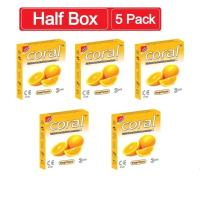 Picture of Coral Orange Flavored Lubricated Natural Latex Condom Half Box - 3X5=15Pcs (Made In Malaysia)-Orange