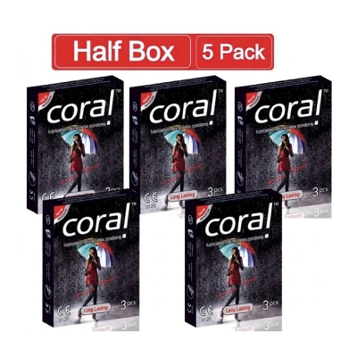 Picture of Coral Long Lasting Extra Time Lubricated Natural Latex Condom Half Box - 3X5=15Pcs (Made In Malaysia)-Black