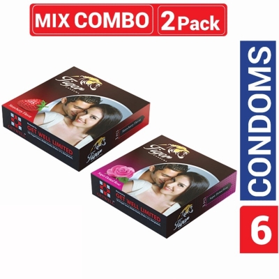 Picture of Tiger Condom Mix - 1 Pack Rose & 1 Pack Strawberry Flavored - 3X2=6 Pcs-Multicolor