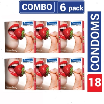 Picture of Sensation Strawberry Flavor Super Dotted Condom - Combo 6 Pack - 6X3=18Pcs Condom-Pink