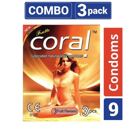 Picture of Coral 3 Fruits Flavored Lubricated Natural Latex Condoms 3 Pack Combo - 9 Pcs - Condom-Neutral