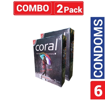 Picture of Coral - Long Lasting Extra Time Lubricated Natural Latex Condom - Combo Pack - 2 Packs - 3X2=6 Pcs-Black