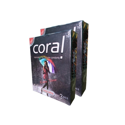 Picture of Coral - Long Lasting Extra Time Lubricated Natural Latex Condom - Combo Pack - 2 Packs - 3X2=6 Pcs-Black