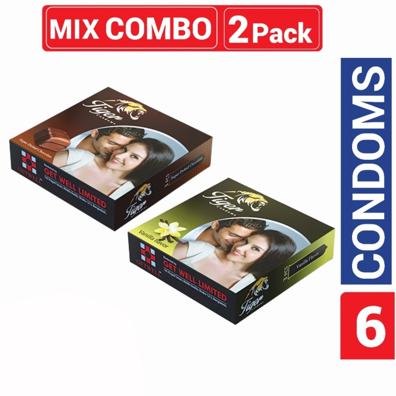 Picture of Tiger Condom Mix - 1 Pack Chocolate & 1 Pack Vanilla Flavored Condom - 3X2=6 Pcs Condom-Multicolor