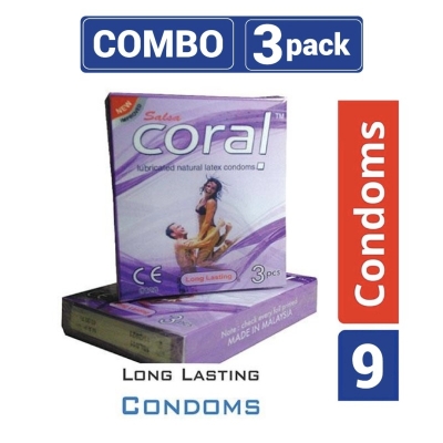 Picture of Coral - Long Lasting Lubricated Natural Latex Condom - Combo Pack - 3 Packs - 3X3 - 9Pcs-Neutral
