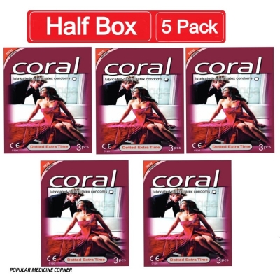 Picture of Coral Dotted Extra Time Lubricated Natural Latex Condom Half Box - 3X5 - 15Pcs (Made In Malaysia)-Red