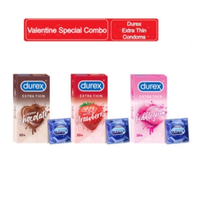Picture of Valentine Special Gift Box | Durex Extra Thin Chocolate, Strawberry & Bubblegum Flavored 10 Pcs Pack 3 Combo Pack | With Gift-Multicolor