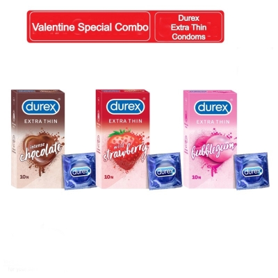 Picture of Valentine Special Gift Box | Durex Extra Thin Chocolate, Strawberry & Bubblegum Flavored 10 Pcs Pack 3 Combo Pack | With Gift-Multicolor