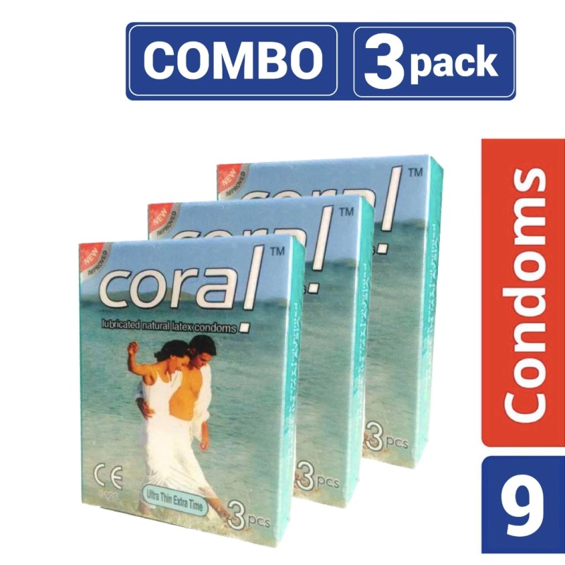 Picture of Coral - Ultra Thin Extra Time Lubricated Natural Latex Condom - Combo Pack - 3 Packs -9Pcs-Neutral