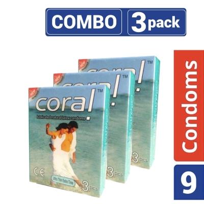 Picture of Coral - Ultra Thin Extra Time Lubricated Natural Latex Condom - Combo Pack - 3 Packs -9Pcs-Neutral
