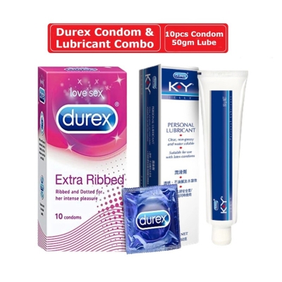 Picture of Durex Condom & Lubricant Combo - Durex Extra Ribbed Condom 10 Pcs & Durex Ky Jelly Personal Lubricant 50Gm-Transparent