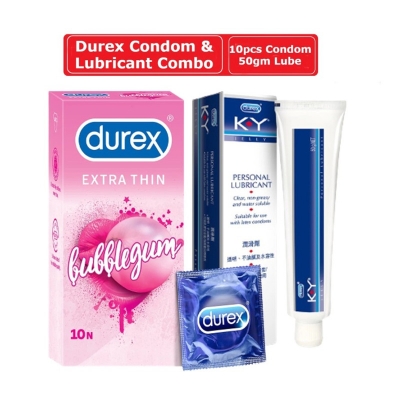 Picture of Durex Condom & Lubricant Combo - Durex Extra Thin Bubblegum Condom 10 Pcs & Durex Ky Jelly Personal Lubricant 50Gm-Transparent