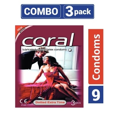 Picture of Coral - Dotted Extra Time Lubricated Natural Latex Condom - Combo Pack - 3 Packs-Neutral
