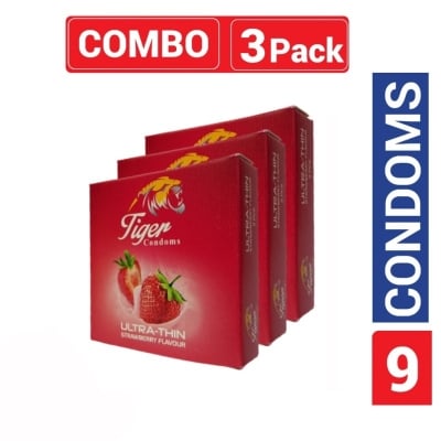 Picture of Tiger - Ultra Thin Strawberry Flavour Condom - Combo Pack - 3 Packs - 3X3=9Pcs (টাইগার স্ট্রবেড়ী কনডম)-Strawberry