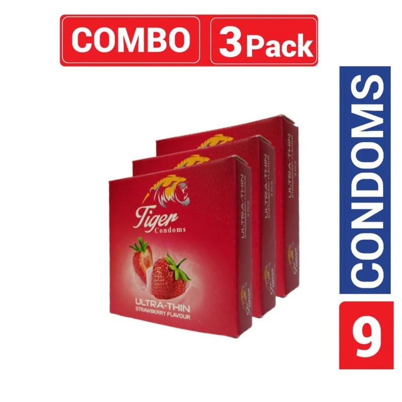 Picture of Tiger - Ultra Thin Strawberry Flavour Condom - Combo Pack - 3 Packs - 3X3=9Pcs (টাইগার স্ট্রবেড়ী কনডম)-Strawberry