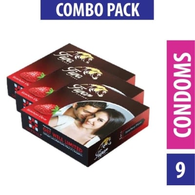 Picture of Tiger - Dotted Condoms Strawberry Flavour - Combo Pack - 3 Packs - 3X3=9Pcs-Transparent