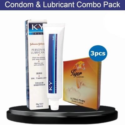 Picture of Condom & Lubricant Combo Pack - Tiger Ultra Thin Condom Orange Flavor Single Pack & J&J Ky Jelly Personal Lubricant 50Gm Pack-Multicolor