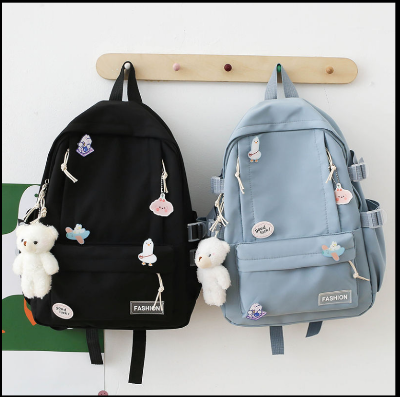 Picture of Korean Style Cute Girl Backpack – Large Capacity Schoolbag for High School & College Students with Bear Keychain & Cartoon Pins