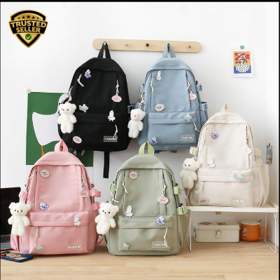 Picture of Korean Style Cute Girl Backpack – Large Capacity Schoolbag for High School & College Students with Bear Keychain & Cartoon Pins