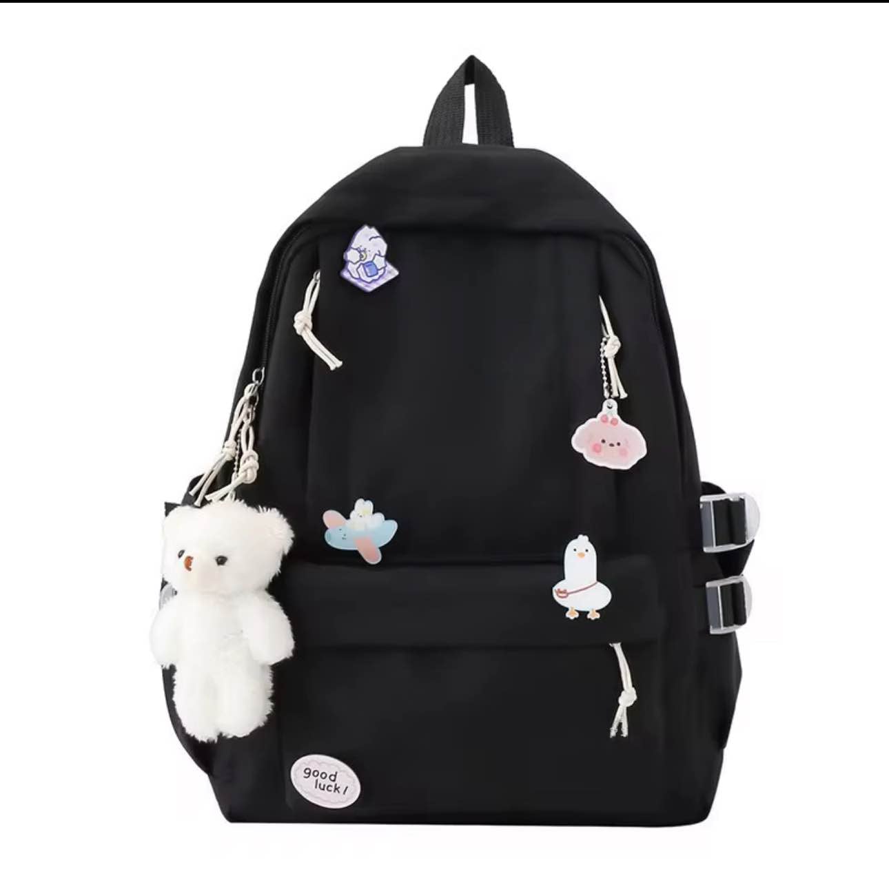 Picture of Korean Style Cute Girl Backpack – Large Capacity Schoolbag for High School & College Students with Bear Keychain & Cartoon Pins