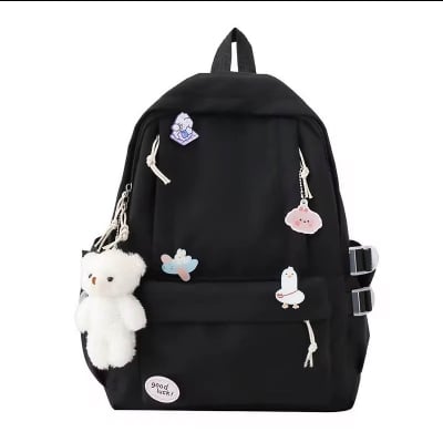 Picture of Korean Style Cute Girl Backpack – Large Capacity Schoolbag for High School & College Students with Bear Keychain & Cartoon Pins