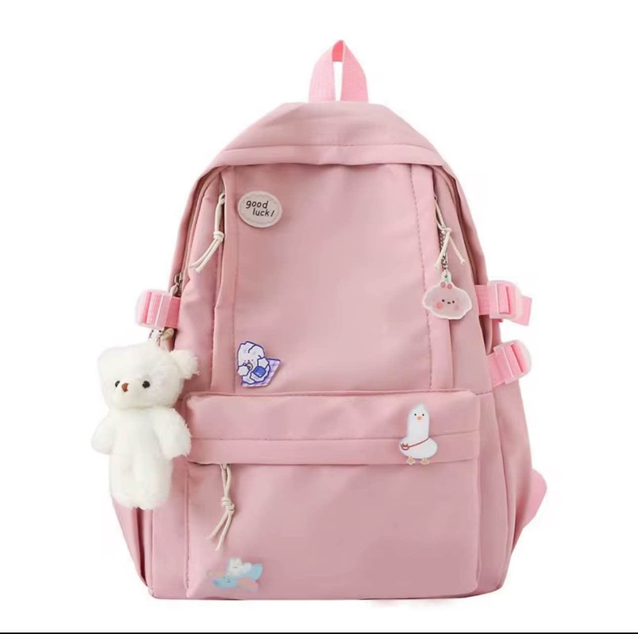 Picture of Korean Style Cute Girl Backpack – Large Capacity Schoolbag for High School & College Students with Bear Keychain & Cartoon Pins