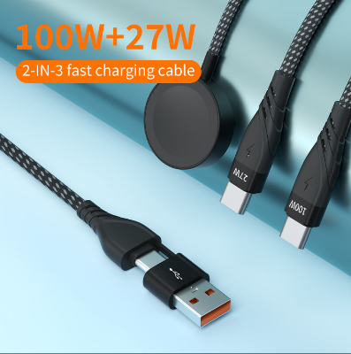 Picture of 2-in-1 USB A & USB C to Type-C Nylon Braided Fast Charging Cable – 100W/27W High-Speed Data & Power Cord for Mobile, Tablet & Laptop