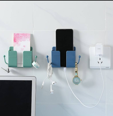 Picture of Wall-Mounted Universal Phone & Remote Holder – Multipurpose Plastic Storage Box with Hooks & Charging Slot
