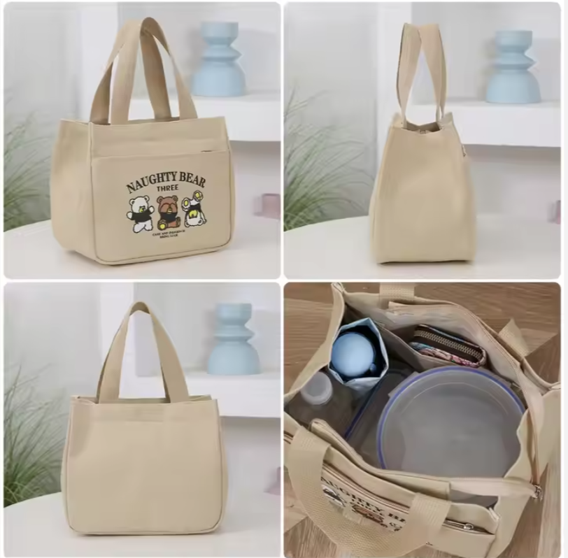 Picture of High Quality Reusable Portable Canvas Bento Bag Women's Style Zipper Closure for Travel Shopping Student Office Lunch Box