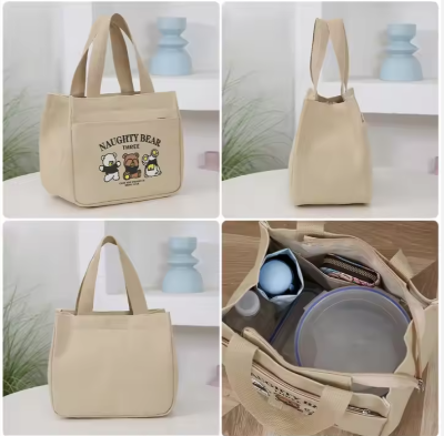 Picture of High Quality Reusable Portable Canvas Bento Bag Women's Style Zipper Closure for Travel Shopping Student Office Lunch Box