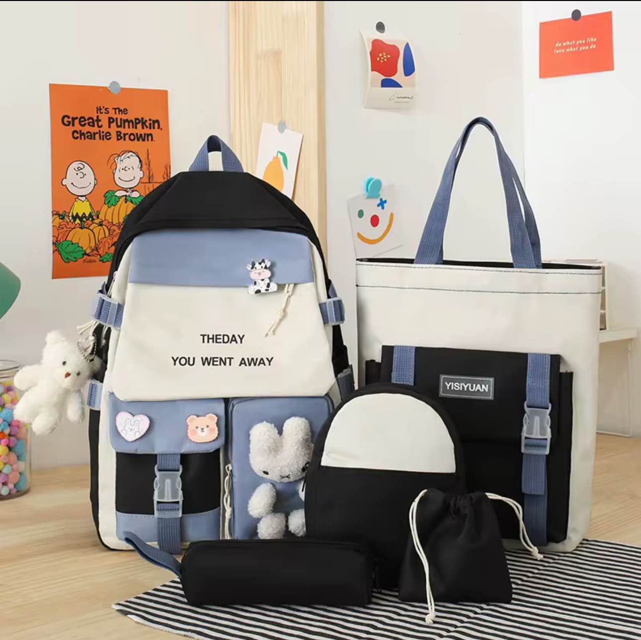 Picture of New Korean Canvas Backpack Women's Large Capacity Five Piece Set Student Backpack College Student Backpack
