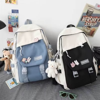 Picture of Japanese students Style Girl Backpack – Large Capacity Schoolbag for High School & College Students with Bear Keychain & Cartoon Pins