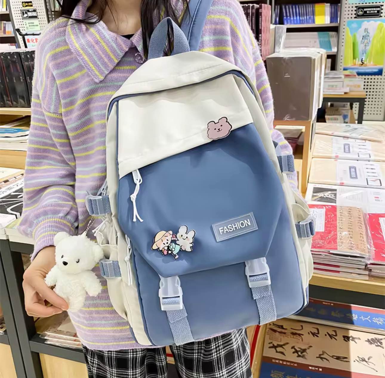 Picture of Japanese students Style Girl Backpack – Large Capacity Schoolbag for High School & College Students with Bear Keychain & Cartoon Pins