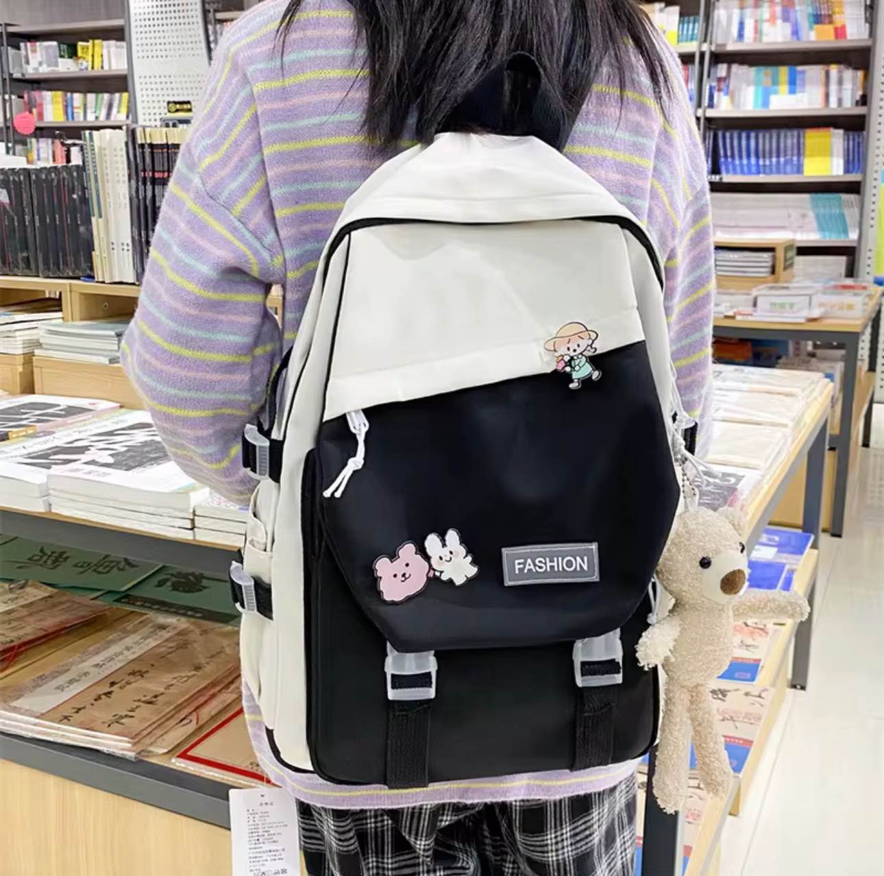 Picture of Japanese students Style Girl Backpack – Large Capacity Schoolbag for High School & College Students with Bear Keychain & Cartoon Pins